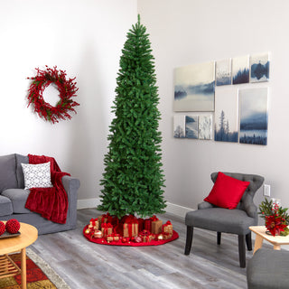 9' Slim Green Mountain Pine Artificial Christmas Tree With 600 Clear LED Lights