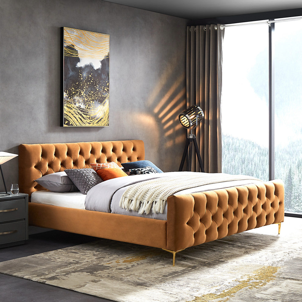 Beverly Mid-Century Modern Tufted Velvet Platform Bed, King
