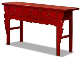 Vintage Distressed Red Elmwood Oriental Console Table with Drawers