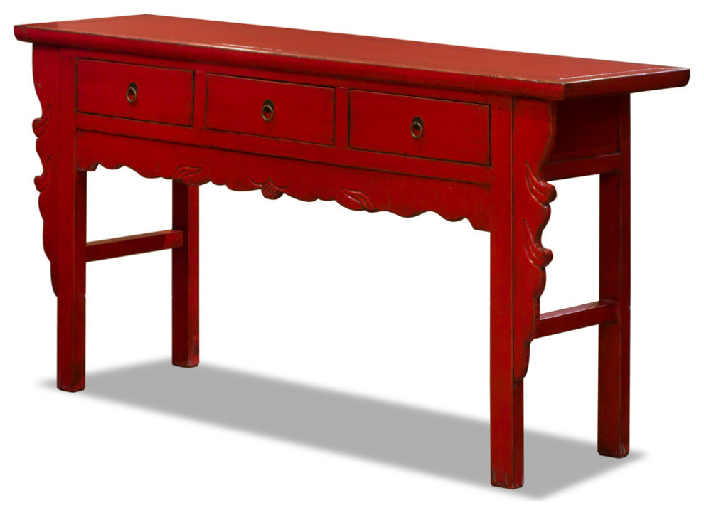 Vintage Distressed Red Elmwood Oriental Console Table with Drawers