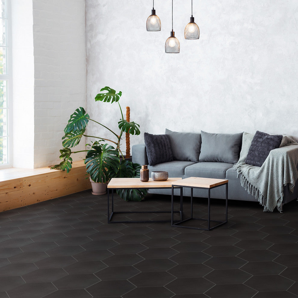 Textile Hex Porcelain Floor and Wall Tile, Black
