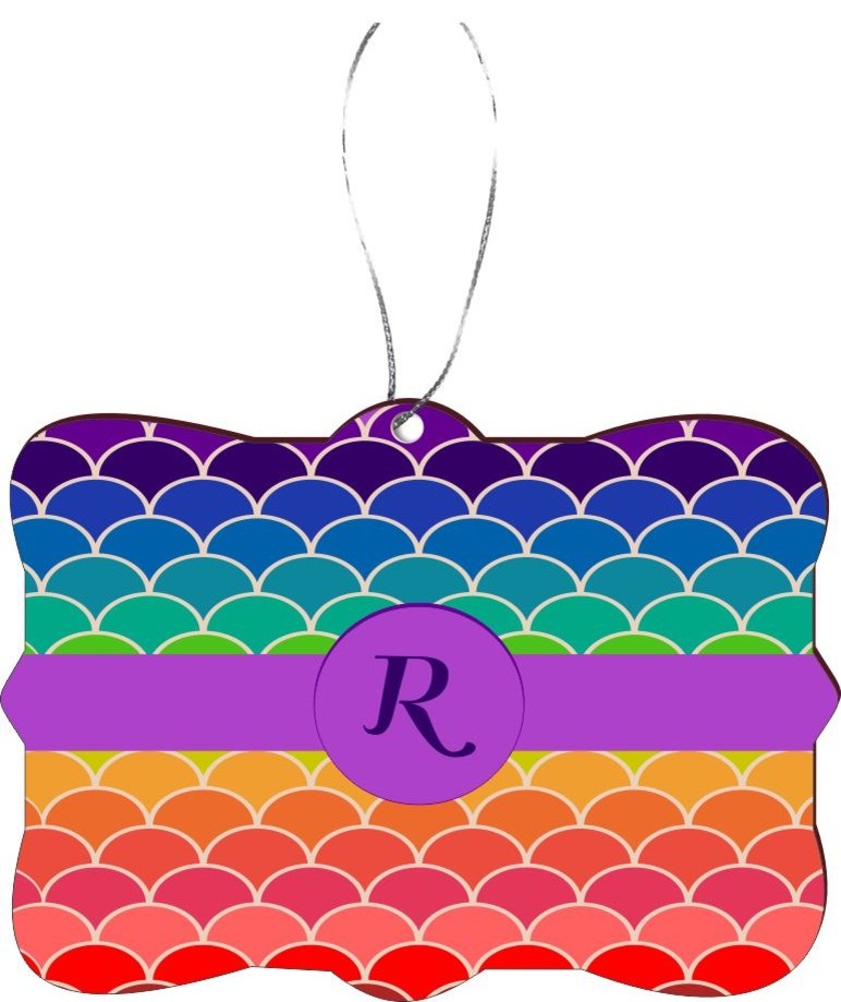 Letter R Monogram Rainbow Scallop Design Rectangle Christmas Tree Ornament
