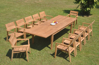 13-Piece Outdoor Teak Dining 122" X-Large Rectangle Table 12 Celo Stacking Chair