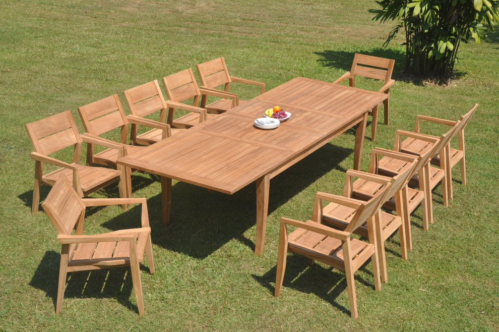 13-Piece Outdoor Teak Dining 122" X-Large Rectangle Table 12 Celo Stacking Chair