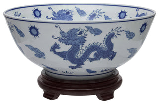 14" Dragon Blue and White Porcelain Bowl