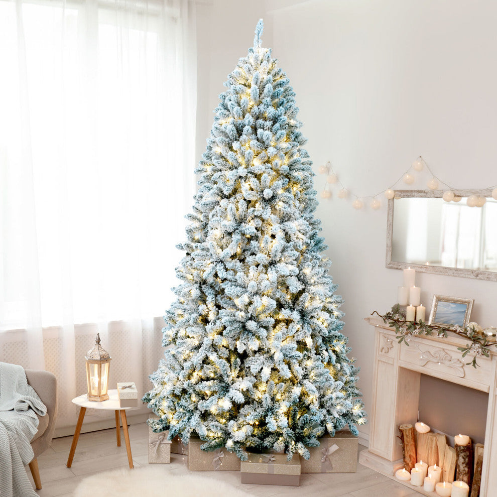 9-Ft. Flocked Winter Snow Pine Christmas Tree, Warm White LED Lighting