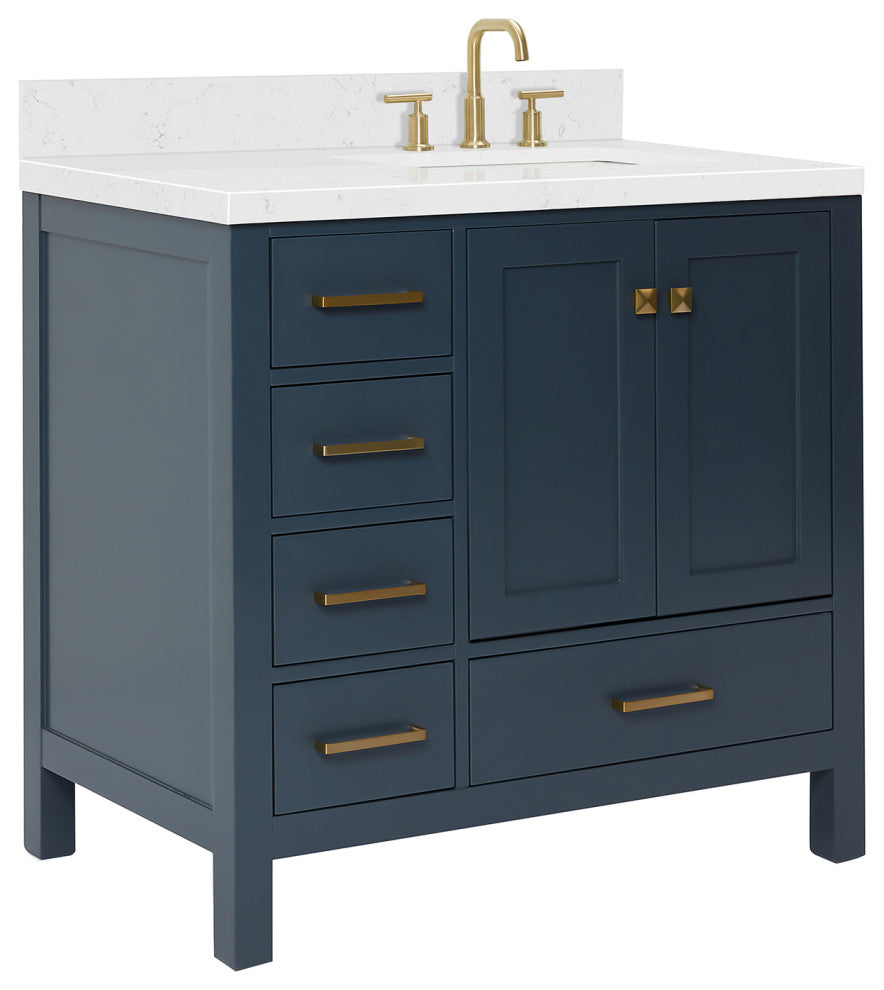 Ariel Cambridge 36" Right  Single Rectangle Sink Vanity, Carrara Quartz, Midnight Blue