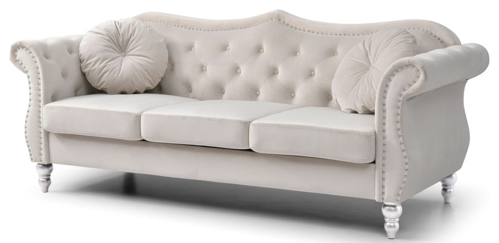 Hollywood Velvet Tufted Sofa, Ivory