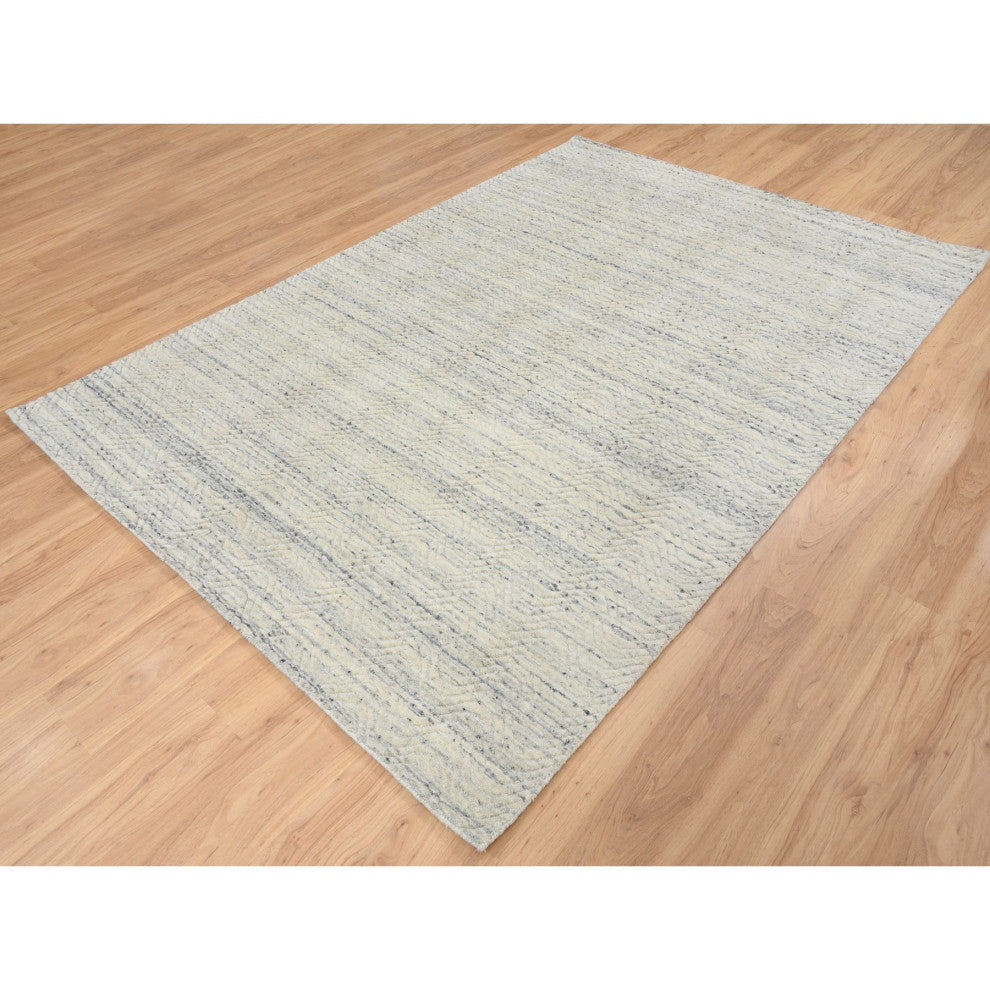 Beige Variegated Textured Modern Design Pure Wool Hand Loomed Rug, 6'1"x9'0"