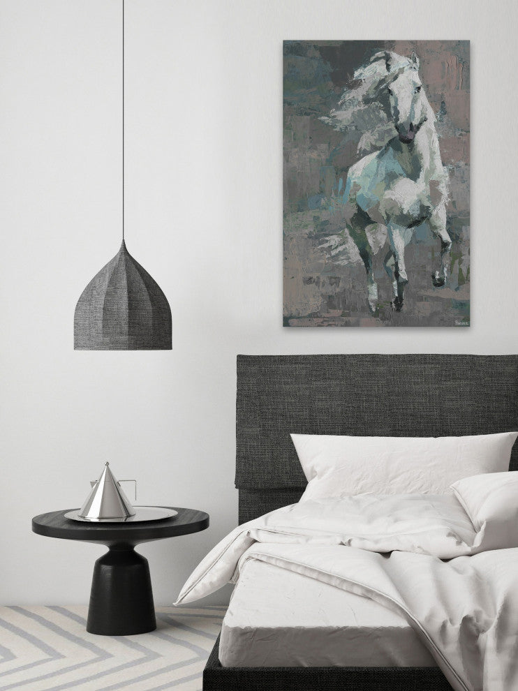 "Running White Horse" Painting Print on Wrapped Canvas, 40"x60"