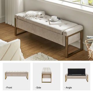48"W Modern Upholstered Flip Top Storage Bench With Metal Legs, Beige