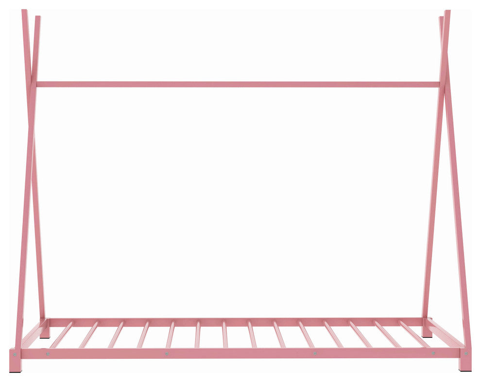 Metal Twin Size House Platform Bed with Triangle Structure, Pink