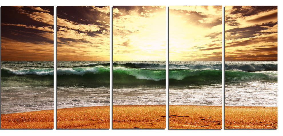 Raging Green Waves At Sunset, Large Seashore Canvas Print, 60"x28", 5 Panels
