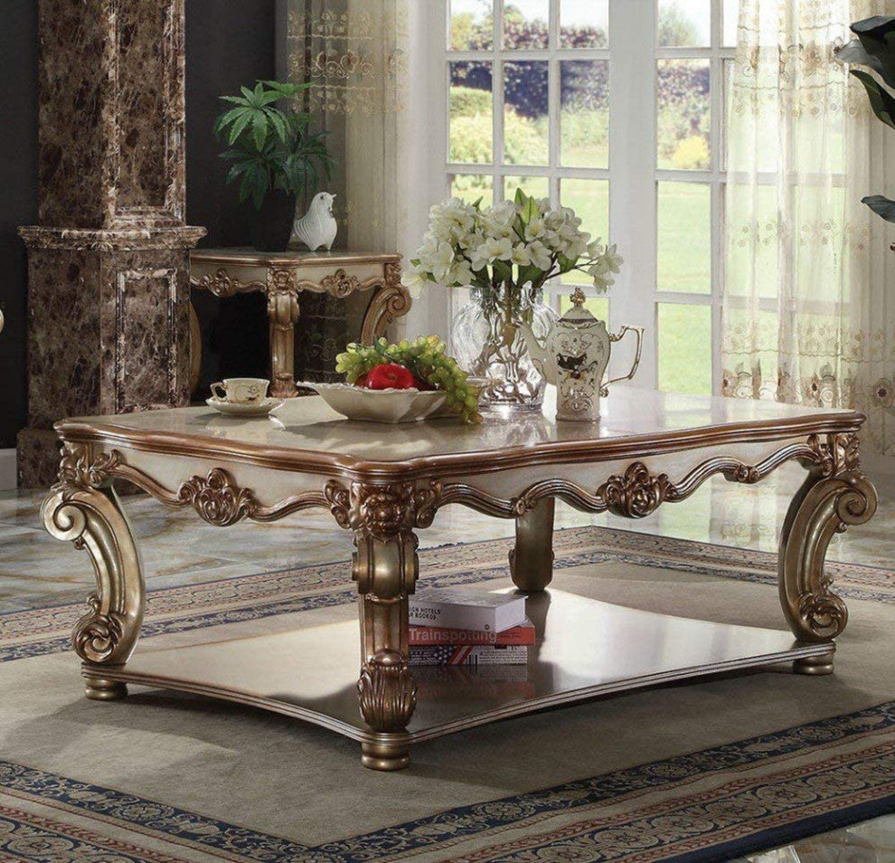Rectangular Coffee Table with Bottom Shelf, Gold Patina
