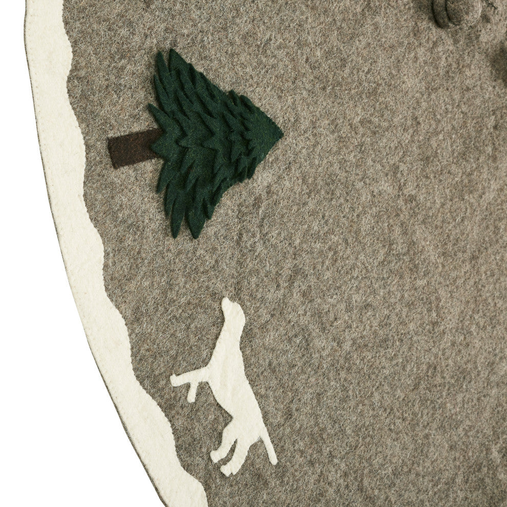 Cream Dogs and Green Trees Christmas Tree Skirt on Gray in Hand Felted Wool - 60