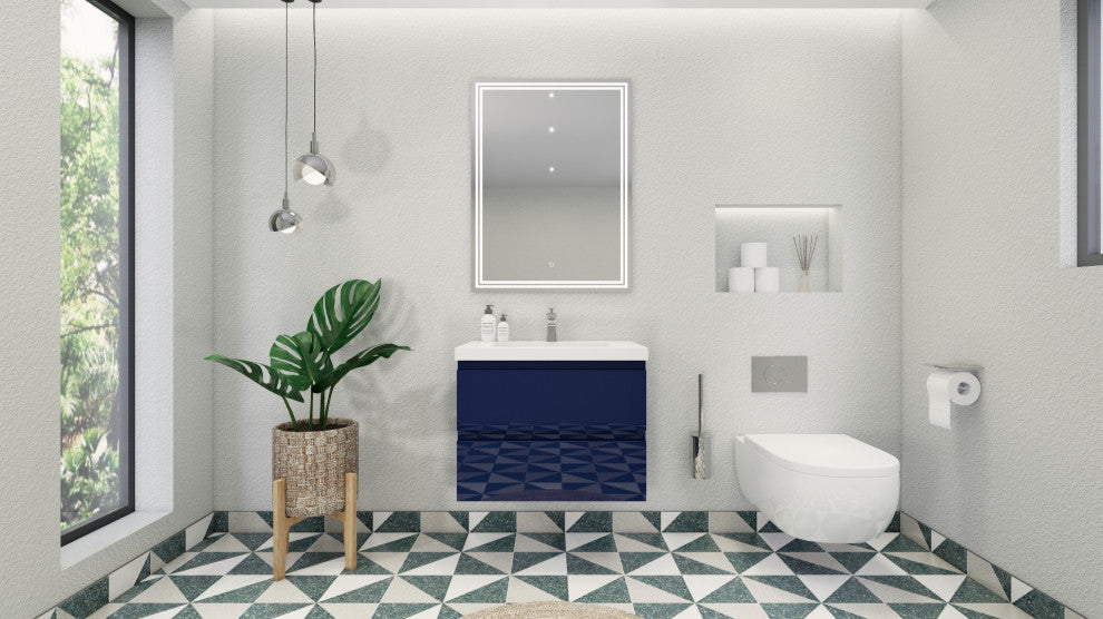Belli 30" Wall Mounted Single Bathroom Vanity Set, Night Blue, Glossy White Top