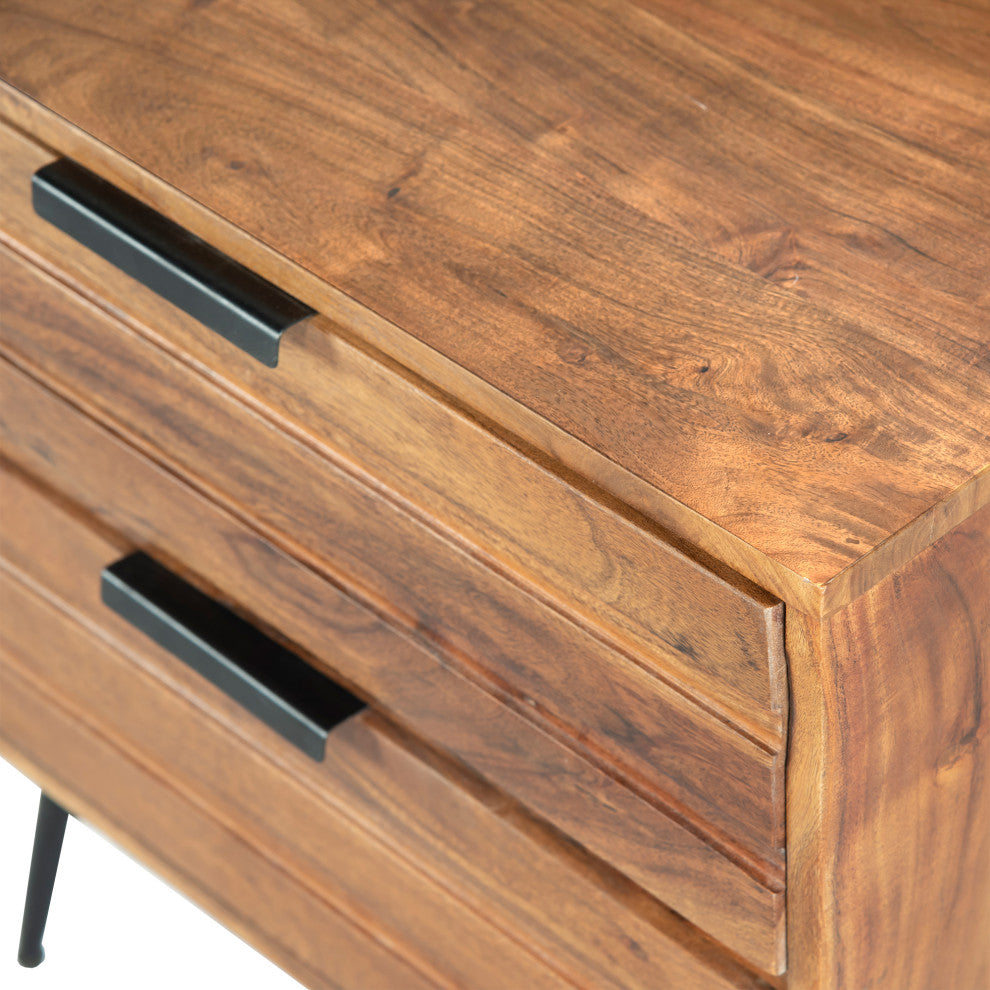 2 Drawer Wooden Nightstand With Metal Angled Legs Black and Brown
