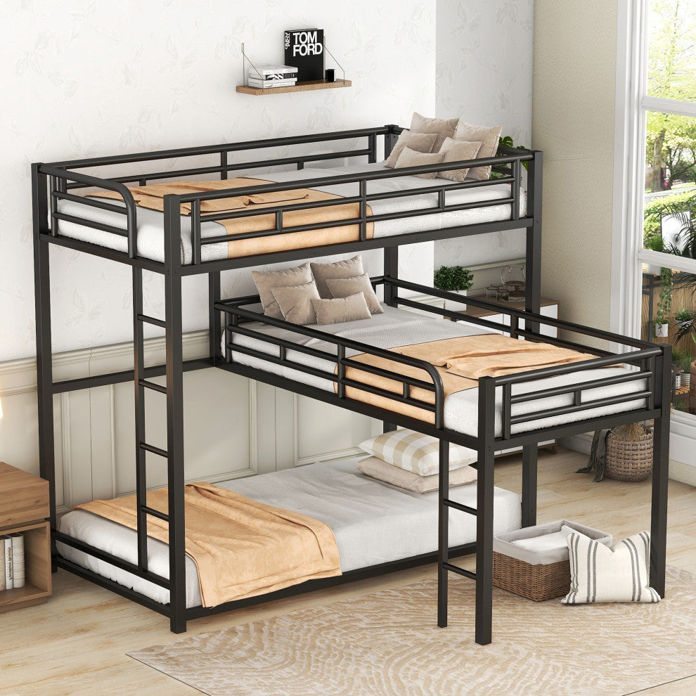 Gewnee L-shaped Metal Triple Twin Size Bunk Bed in Black