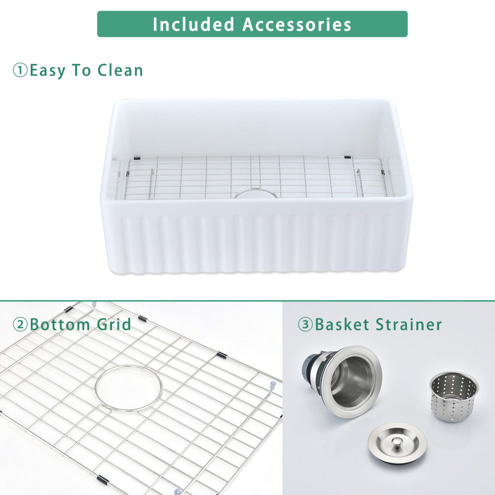 36" L X 20" W Farmhouse Kitchen Sink With Grid and Strainer