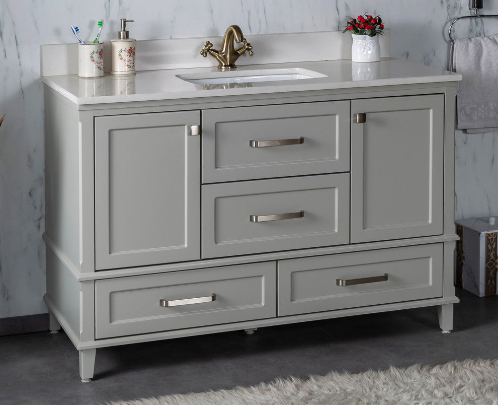 Nera Collection 48" Bath Vanity Quartz Top and Ceramic Sink, Grey, 48"