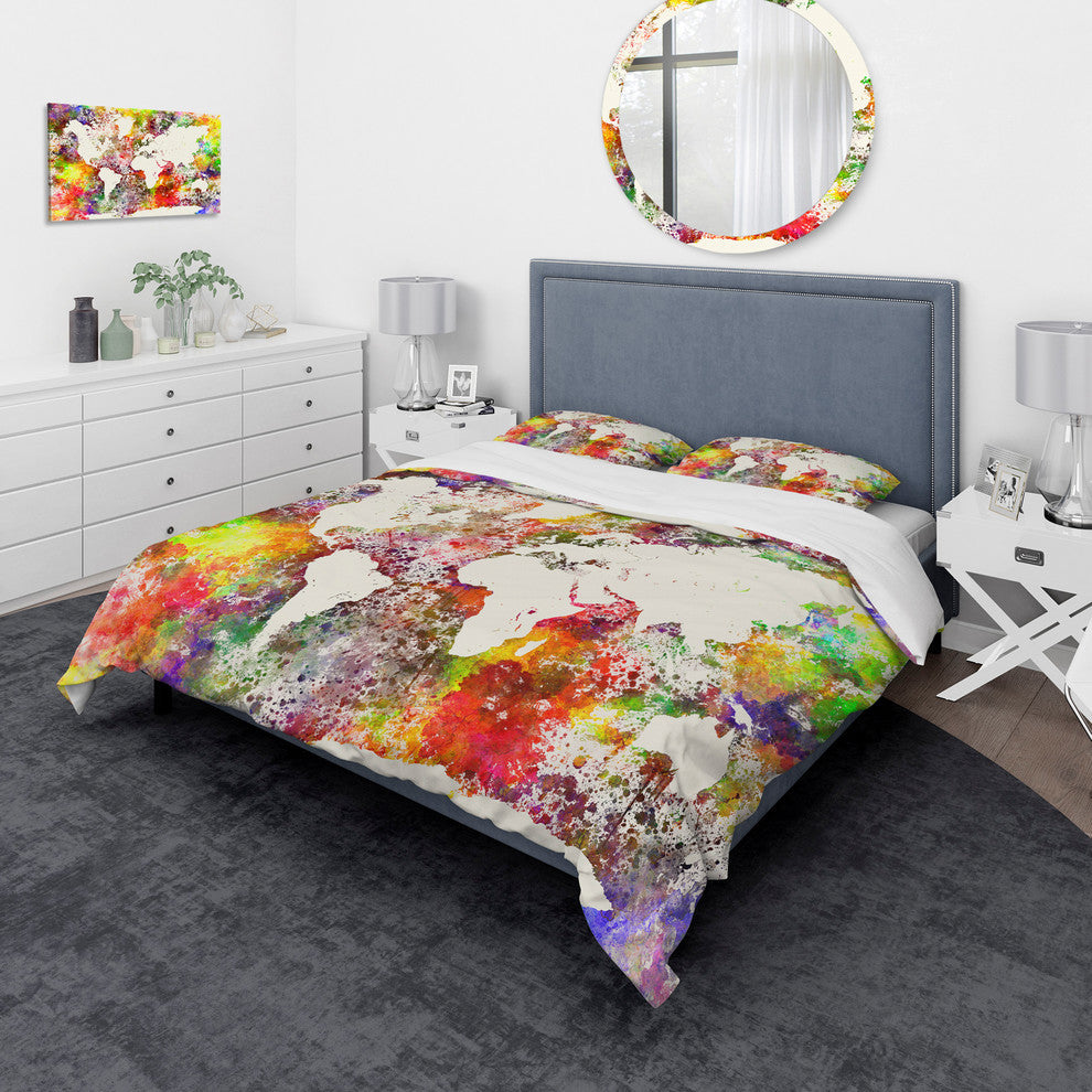 World Map in Great Colors Watercolor Map Duvet Cover, Twin