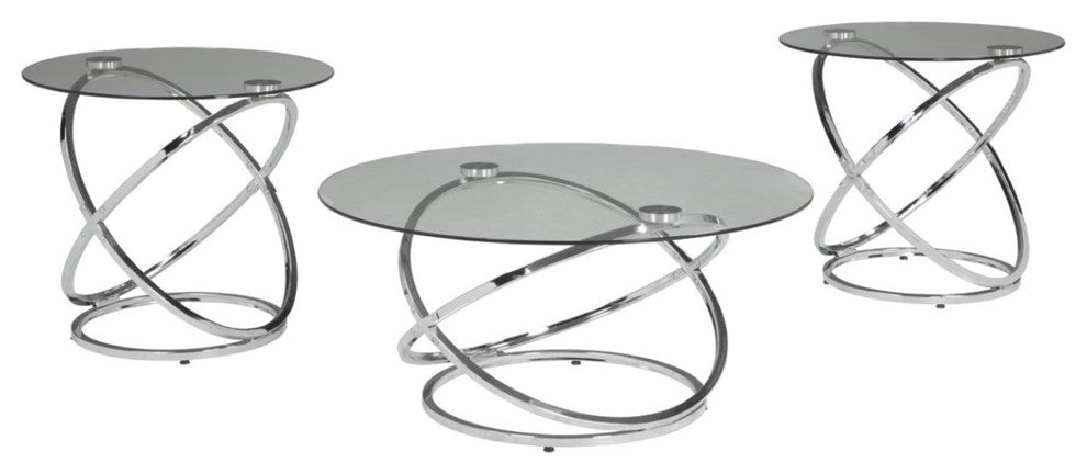 Contemporary Glass Top Table Set with Metal Rings Base, Clear and Silver