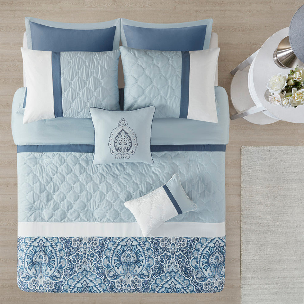 Shawnee Traditional Diamond Quilting 8-Piece Comforter Set, Blue, Queen