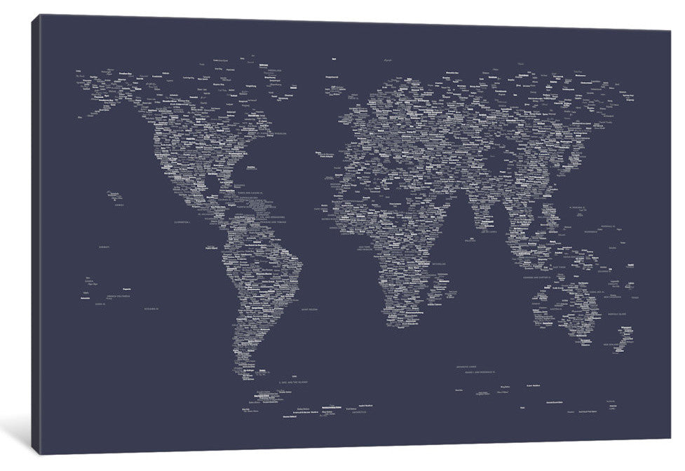 "Font World Map, Navy Blue" Wrapped Canvas Print, 18x12x1.5