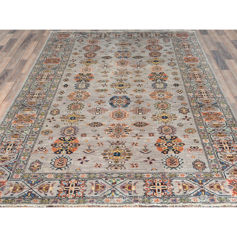 Light Gray Hand Knotted Afghan Super Kazak Organic Wool Oriental Rug, 6'1"x9'1"