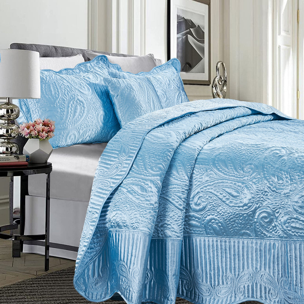 Matte Satin Quilted 4 Piece Bedspread Set, Aquatic, Queen