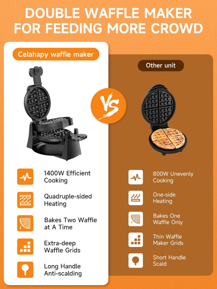 Waffle Maker, 1400W Double Belgian Waffle Iron 180Â° Flip, 8 Slices, Rotating.