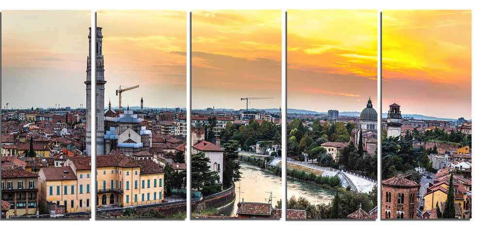 Verona at Sunset in Italy, Cityscape Canvas Art Print, 60"x28", 5 Panels