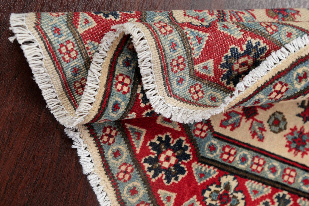 Kazak Oriental Pakistani Traditional Hand Made Area Rug, Beige, 3'3"x3'4