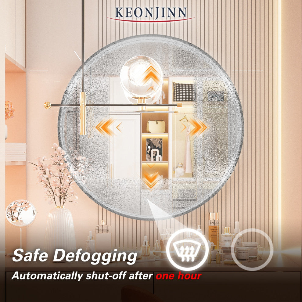 Metal Framed Round LED Vanity Mirror Anti-Fog Wall Mount Makeup Mirror, 24"