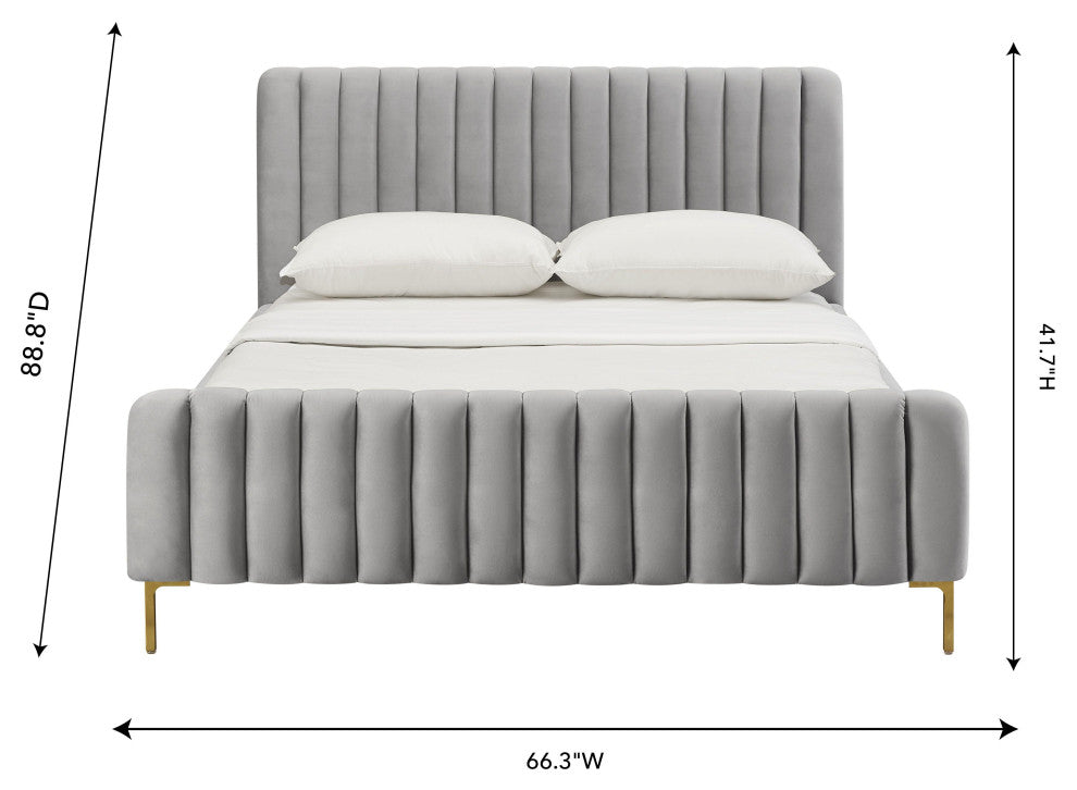Angela Velvet Upholstered Bed, Gray, Queen