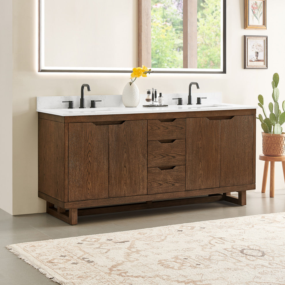 Mowry Bathroom Vanity, Brown Brushed Oak, 72", No Mirror