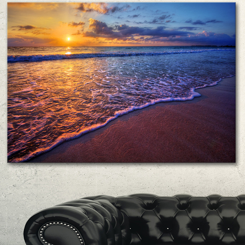 Sunset over Blue Seashore, Seashore Photo Canvas Art Print, 60"x28"