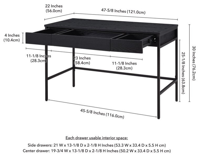 Transitional Desk, Open Frame With Worktop & Handless Drawers, Black