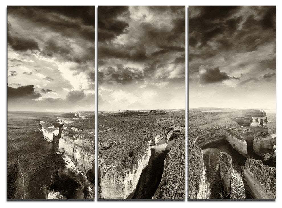 "Aerial View of Ocean Road Black" Metal Wall Art, 3 Panels, 36"x28"