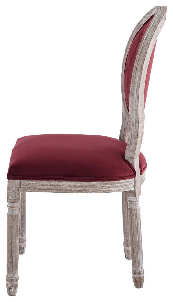 French Vintage Side Dining Chair, Velvet, Wood, Brown Natural Red, Modern
