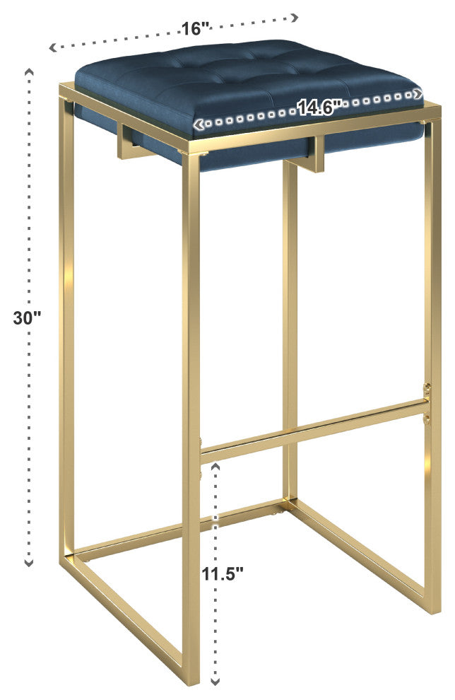 Jasper Gold Finish Velvet Button Tufted Stools, Set of 2, Blue, Bar Height