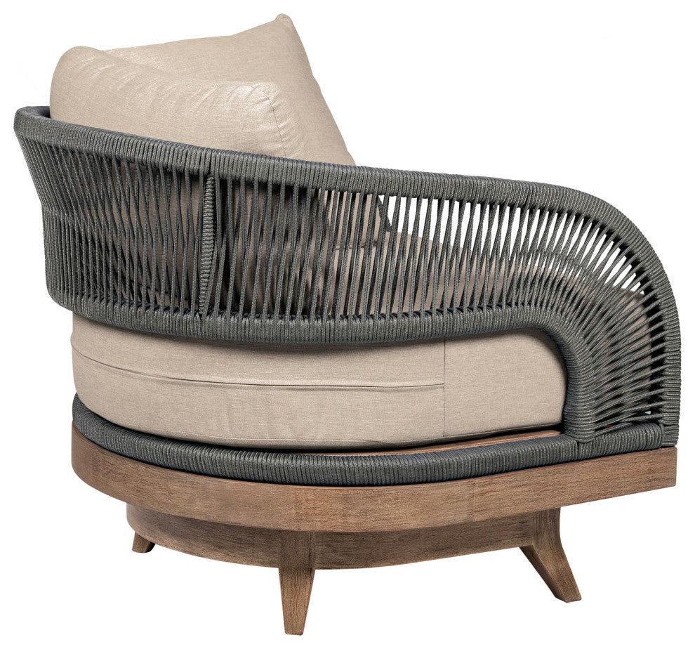 Orbit Swivel Outdoor Patio Chair Wood With Gray Rope/Taupe Olefin Cushions