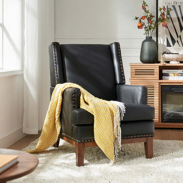 30"W Mid-Century Style Genuine Leather Armchair With Solid Wood Frame, Black