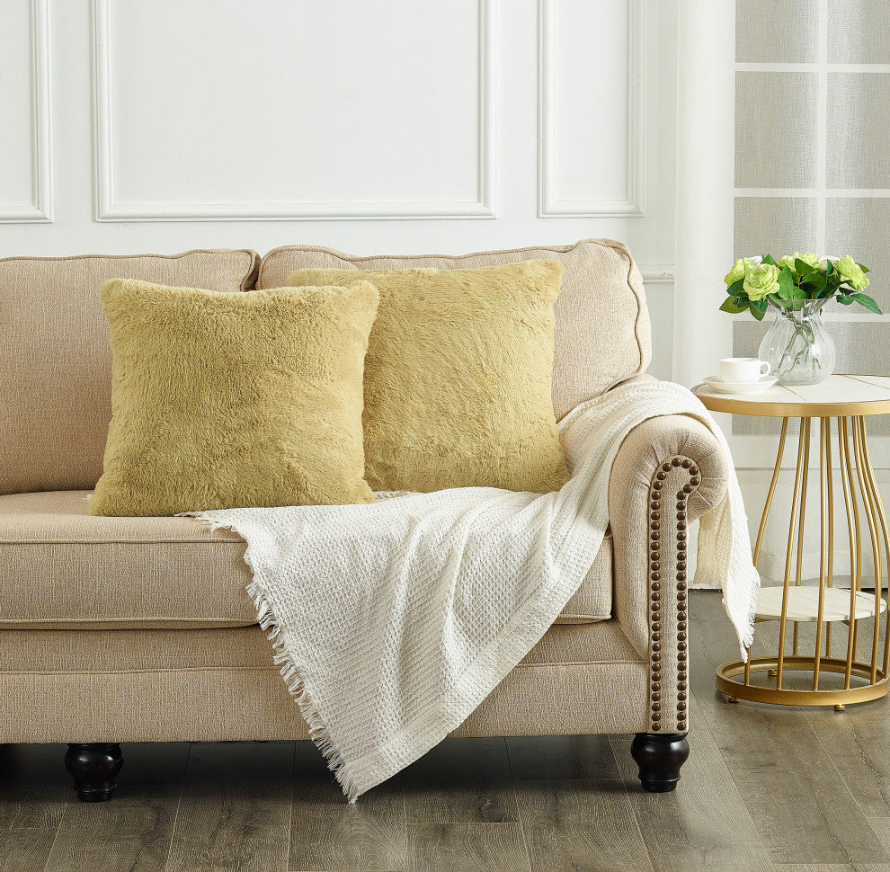 Heavy Faux Fur Throw Pillow Covers 2pcs Set, Misted Yellow, 20''x20''