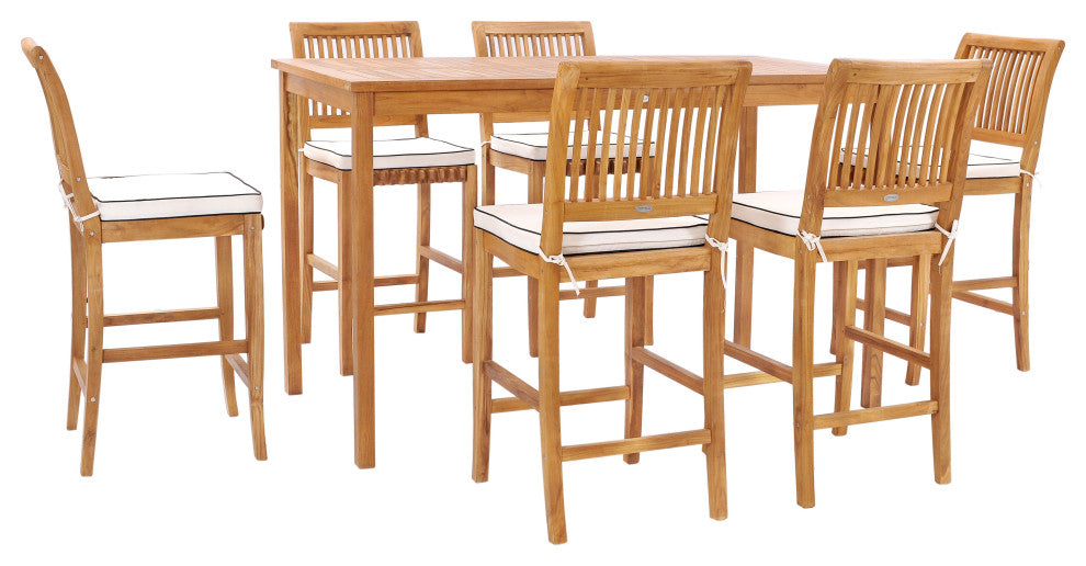 7 Piece Teak Wood Castle 71" Rectangular Patio Bistro Bar Set with 6 Barstools