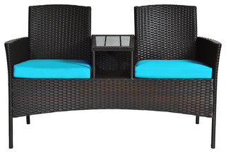 Costway Patio Rattan Loveseat Sofa Cushioned Coffee Table Turquoise