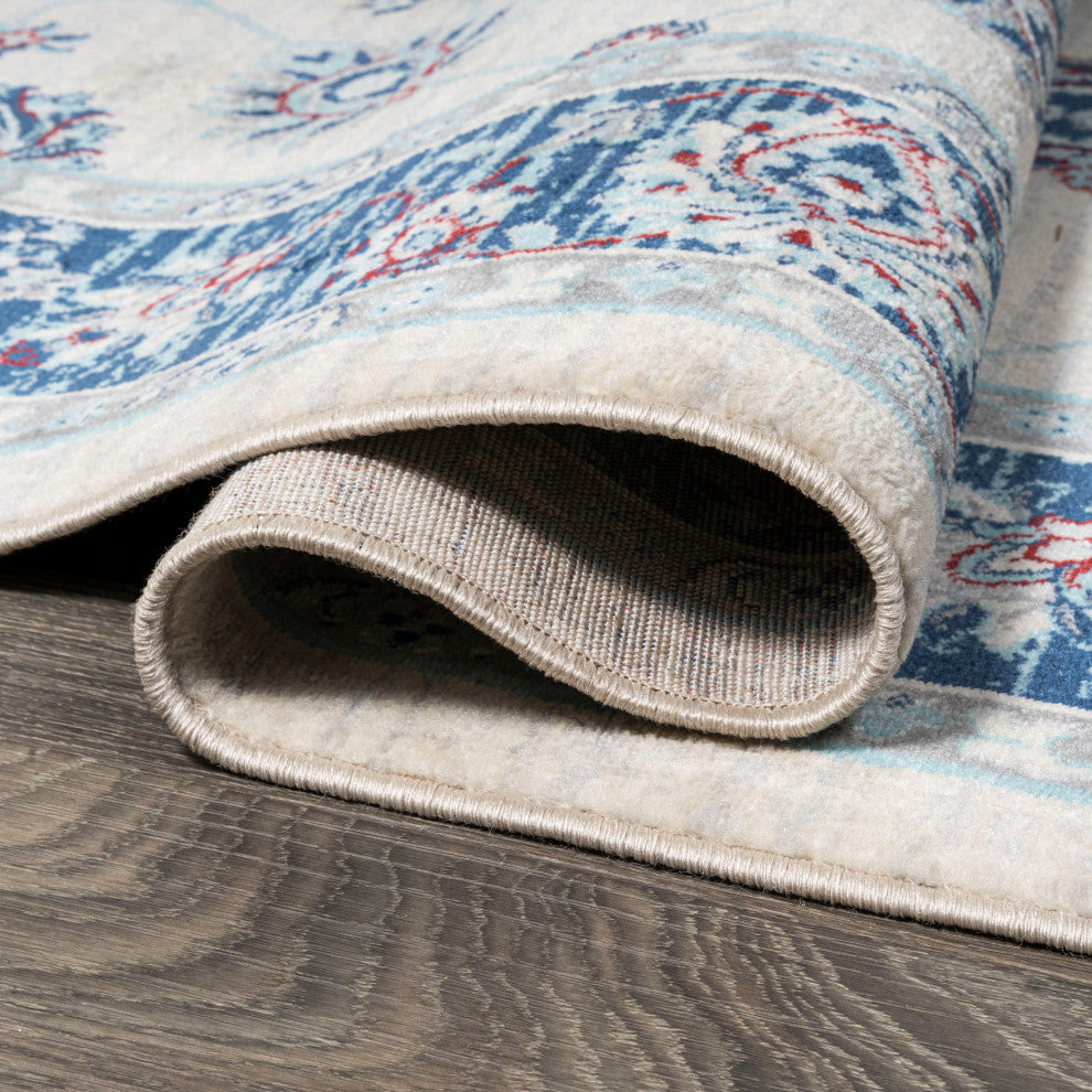 Modern Persian Vintage Moroccan Traditional Cream/Navy 2'x8' Runner Rug