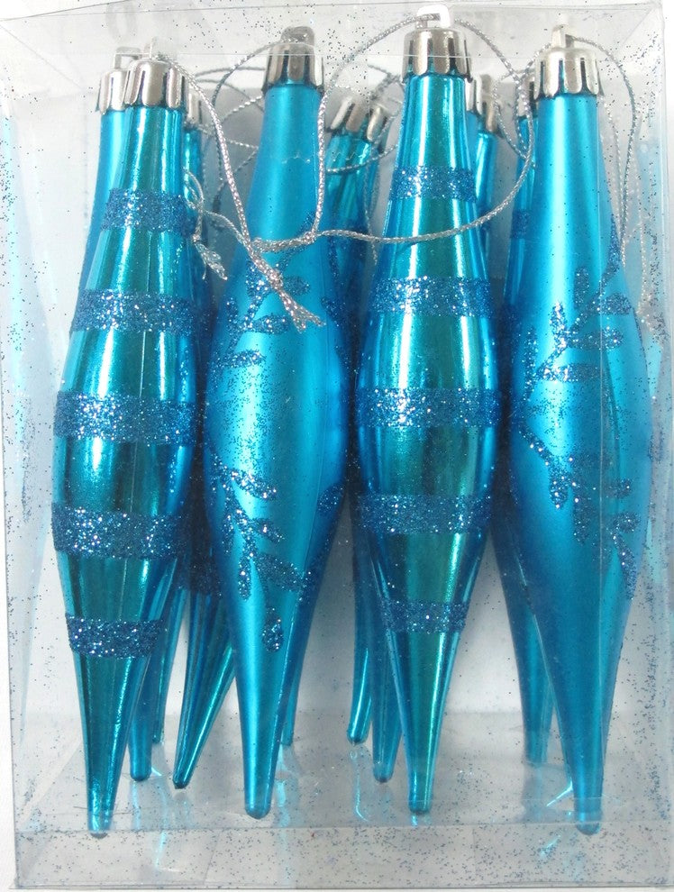 Aqua Finial Ornament With Snowflake And Line Glitter Design