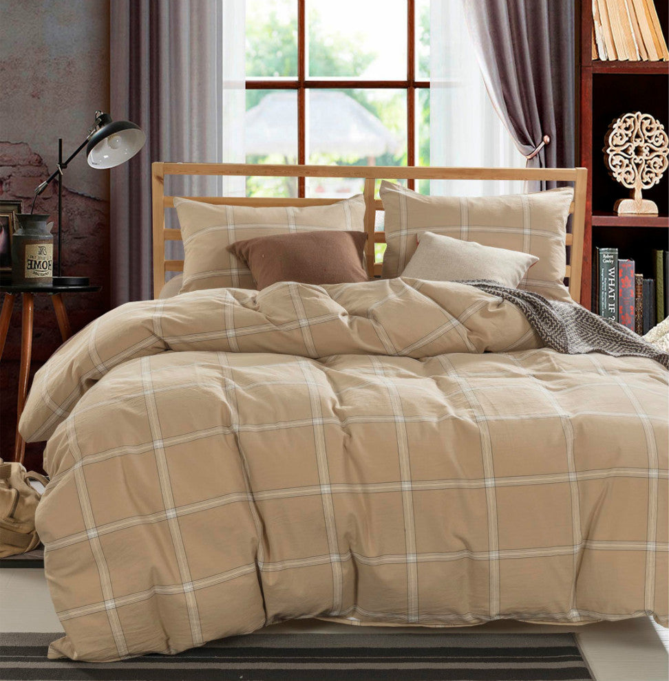 Windowpane Washed Cotton Duvet Cover Set, Camel, Queen, 92"x90"