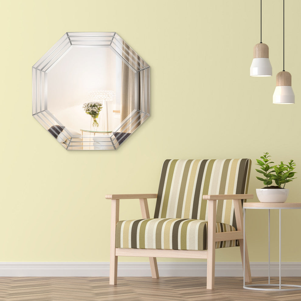 Beveled Multi Faceted Octagons Wall Mirror, 1" Beveled Center, Wood Frame